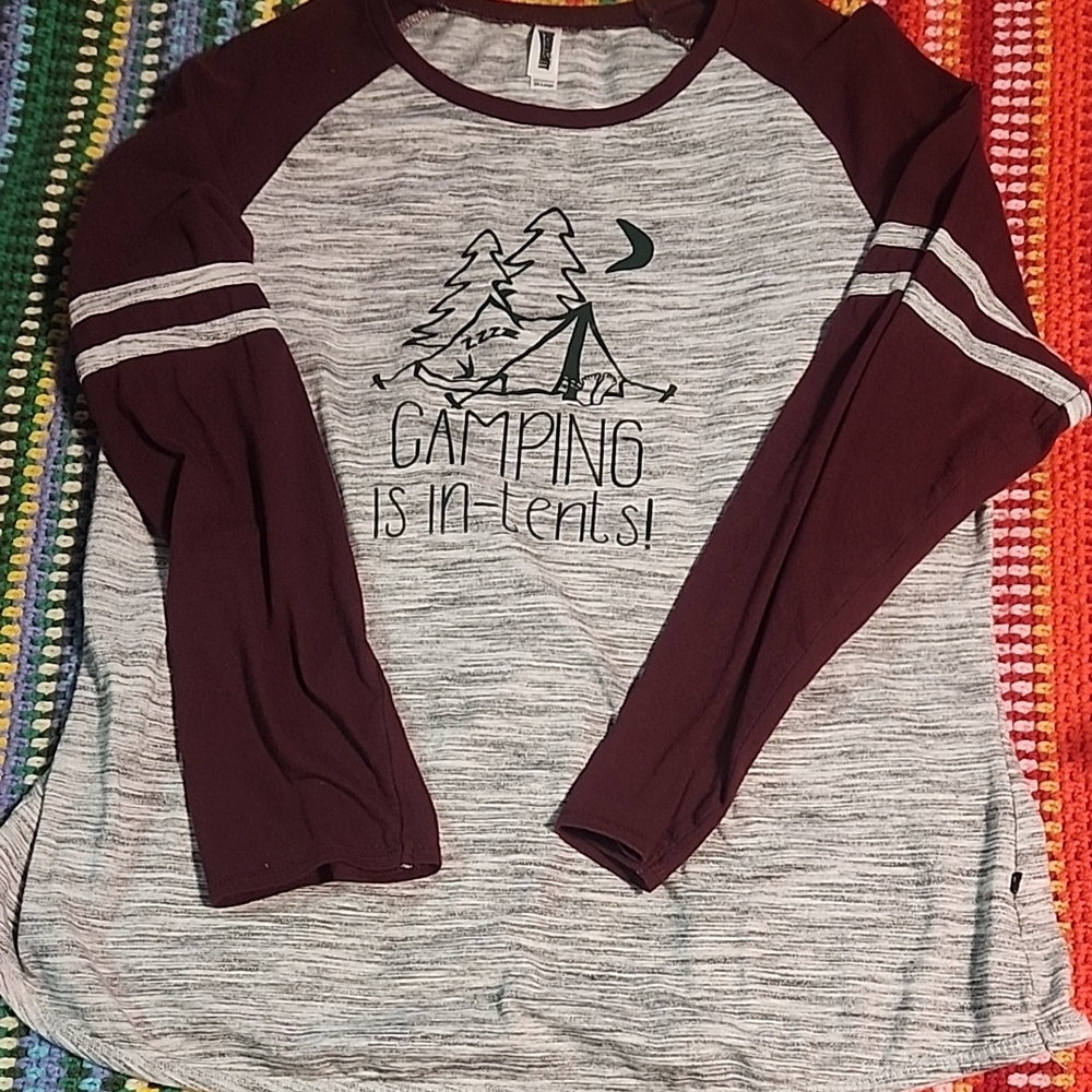 Camping Graphic Long Sleeve Shirt - Gray and Maroon